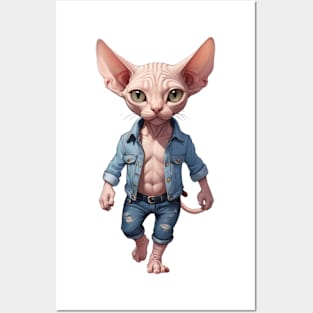 Casual Cool Cat: Sphynx in Denim Posters and Art